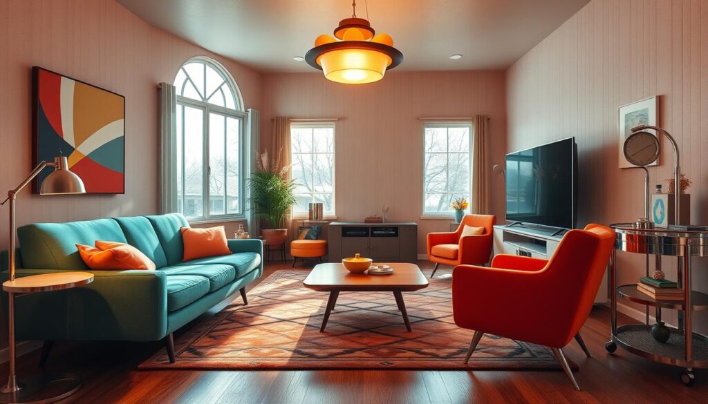 1950s living room with retro interiors and atomic age style lighting